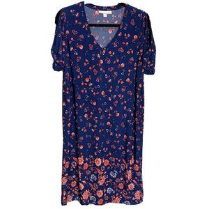 Woman Within Shift Dress Plus Size 14 16 Cold Short Sleeve Blue Red Floral Maxi